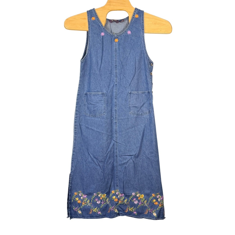 Agapo Denim Jumper Dress Womens Small Blue Embroidered Floral Vintage Cotton Y2K